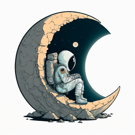 Cartoon image of an astronaut sitting on a moon. High quality illustrationの写真素材
