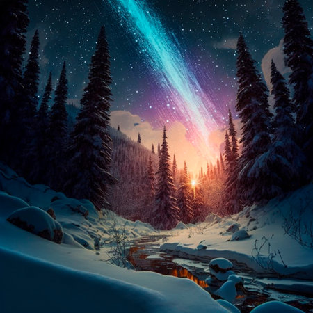 Bright starry sky in the winter forest . High quality illustrationの写真素材