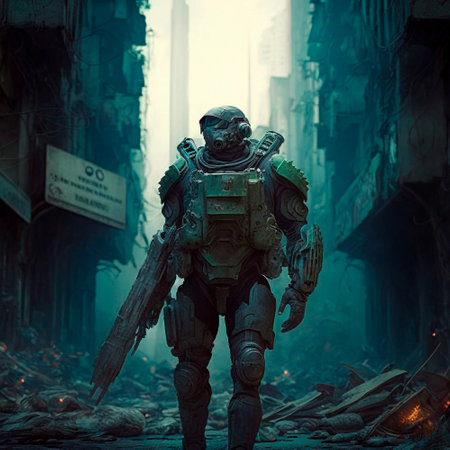 A man in a futuristic armored suit with a large firear. High quality illustrationの写真素材
