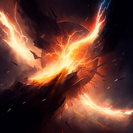 Abstract image of the energy of fire and lightning, which mix into something unified. High quality illustrationの写真素材