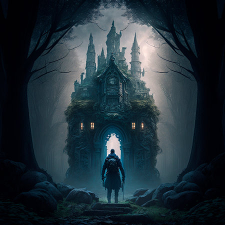 A man walks to the ruins of an ancient castle. High quality illustrationの写真素材