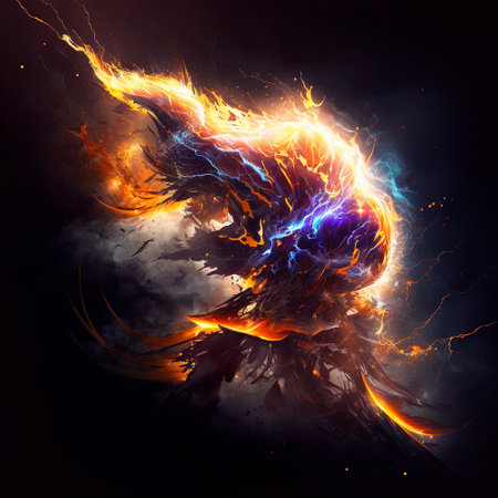 Abstract image of the energy of fire and lightning, which mix into something unified. High quality illustrationの写真素材
