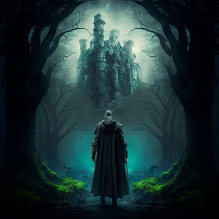 A man walks to the ruins of an ancient castle. High quality illustrationの写真素材