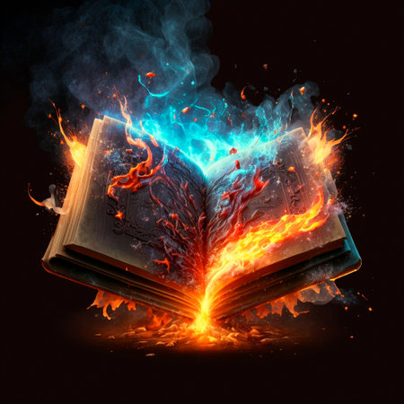 A magical book engulfed in flames and lightning. High quality illustrationの写真素材