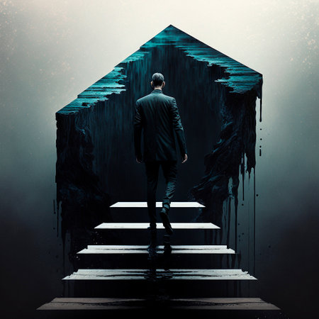 A man stands on the edge of a black abyss. High quality illustrationの写真素材