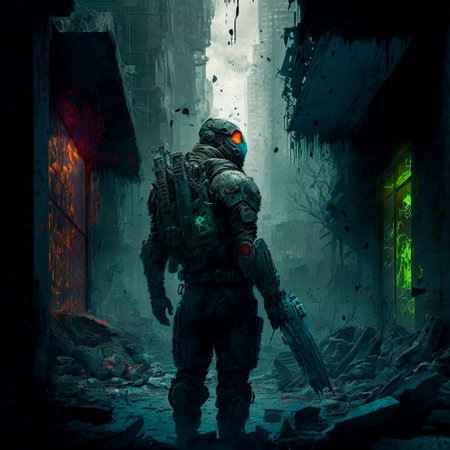 A man in a futuristic armored suit with a large firear. High quality illustrationの写真素材