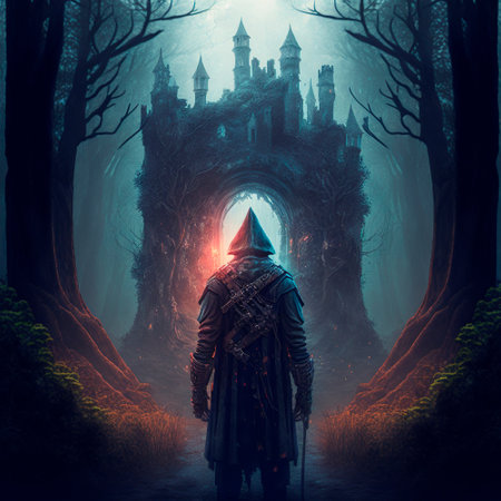A man walks to the ruins of an ancient castle. High quality illustrationの写真素材