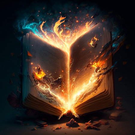 A magical book engulfed in flames and lightning. High quality illustrationの写真素材