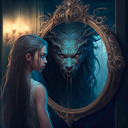 he girl sees a monster in the mirror instead of her reflection. High quality illustrationの写真素材