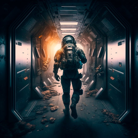 A man in a futuristic armored suit with a large firear. High quality illustrationの写真素材