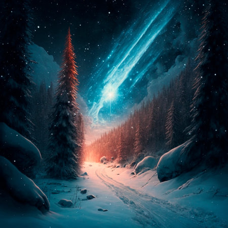 Bright starry sky in the winter forest . High quality illustrationの写真素材