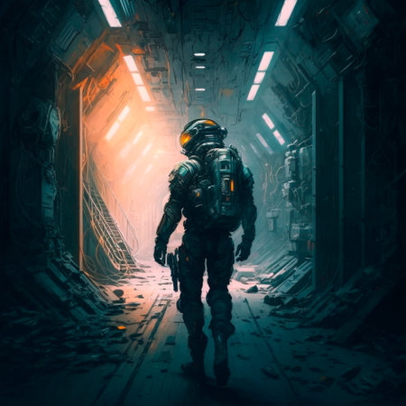 A man in a futuristic armored suit with a large firear. High quality illustrationの写真素材