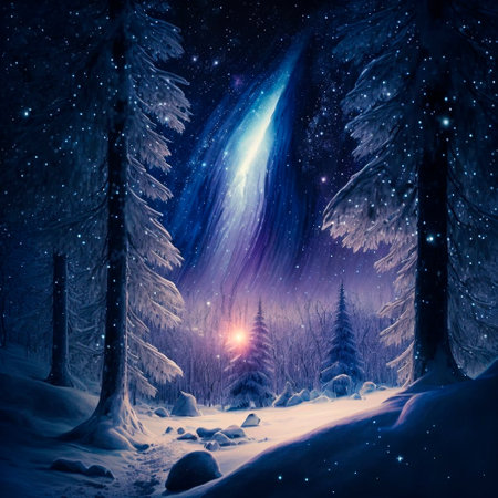 Bright starry sky in the winter forest . High quality illustrationの写真素材