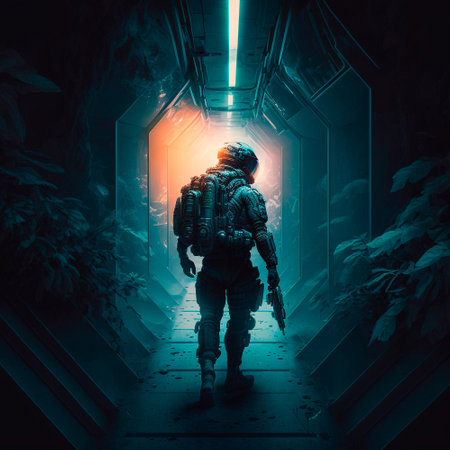 A man in a futuristic armored suit with a large firear. High quality illustrationの写真素材