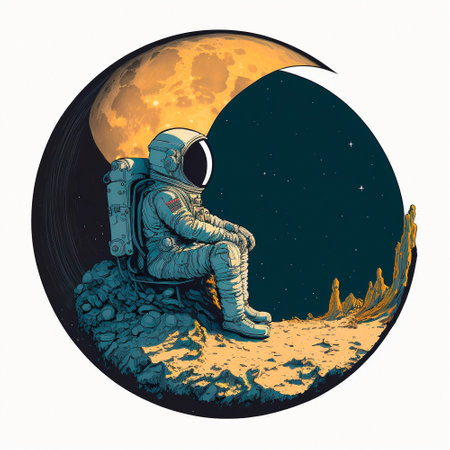 Cartoon image of an astronaut sitting on a moon. High quality illustrationの写真素材