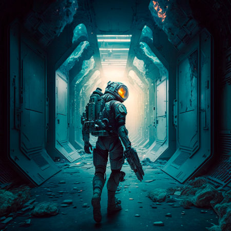 A man in a futuristic armored suit with a large firear. High quality illustrationの写真素材