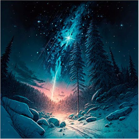 Bright starry sky in the winter forest . High quality illustrationの写真素材