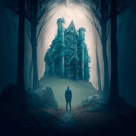 A man walks to the ruins of an ancient castle. High quality illustrationの写真素材