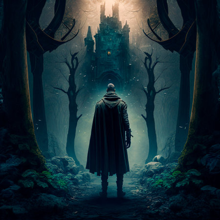 A man walks to the ruins of an ancient castle. High quality illustrationの写真素材