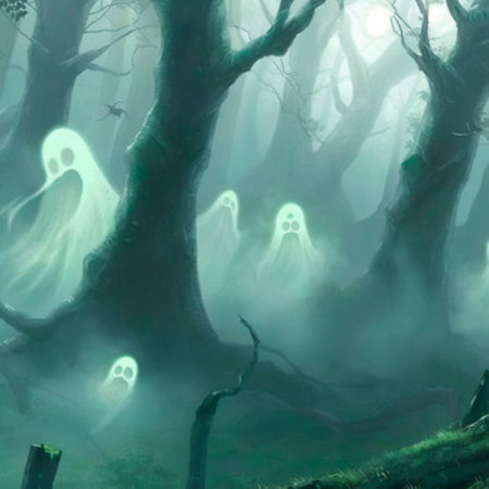 A scary forest spirit in a mystical misty forest. High quality illustrationの写真素材