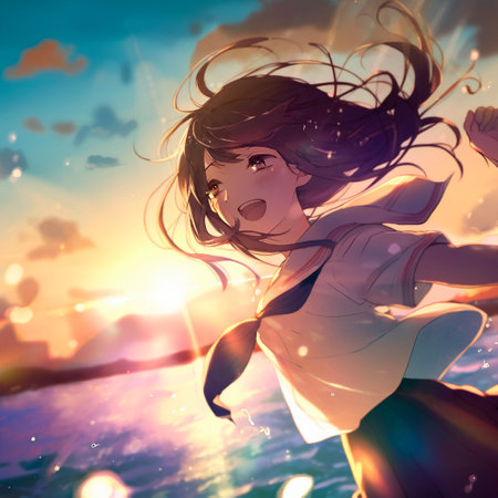 Happy girl in the rays of the sun in anime style. High quality illustrationの写真素材