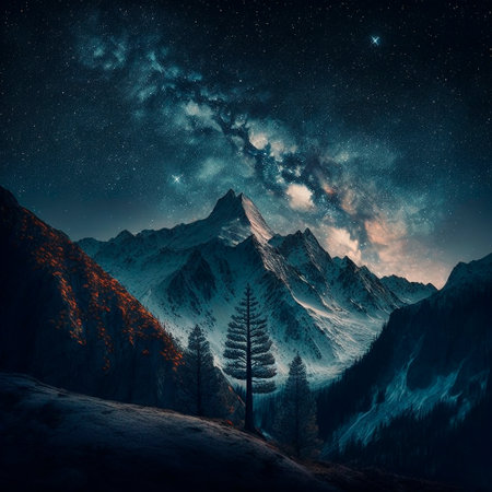 Mountains under the starry sky. High quality illustrationの写真素材