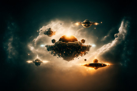 intergalactic spaceships on the background of planets and space. High quality illustration