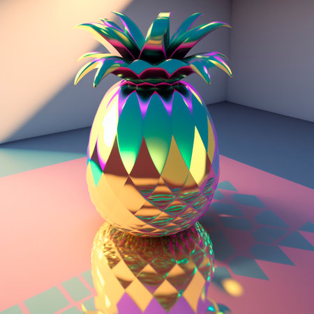 3d image of golden pineapple on the table. High quality illustrationの写真素材