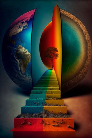 Climbing the stairs, psychedelic colors, searching for himself. Stairway to other world. High quality illustrationの写真素材