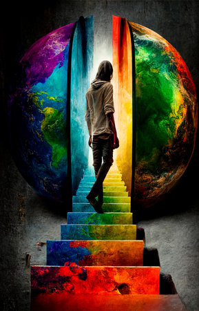 Guy Climbing the stairs, psychedelic colors, searching for himself. High quality illustrationの写真素材