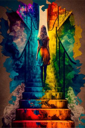 Girl climbing stairs, psychedelic colors, finding herself. High quality illustrationの写真素材