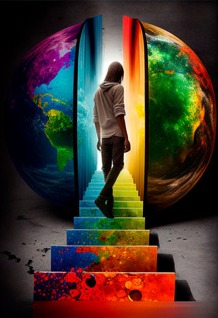 Guy Climbing the stairs, psychedelic colors, searching for himself. High quality illustrationの写真素材