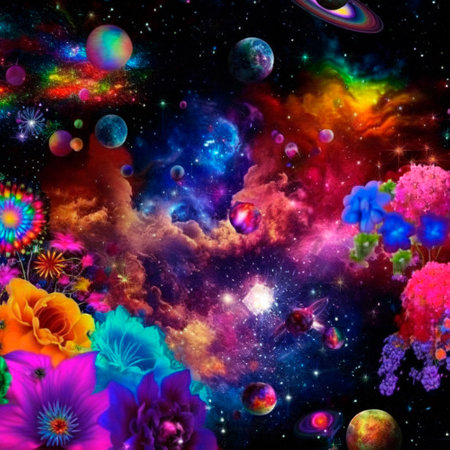 space background with different elements of rainbow colors. High quality illustrationの写真素材