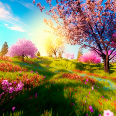 illustration of a fantasy spring world with bright sun and cherry blossoms. High quality illustrationの写真素材