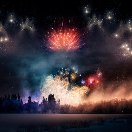 Bright night sky with fireworks. High quality illustrationの写真素材