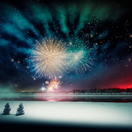 Bright night sky with fireworks. High quality illustrationの写真素材