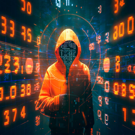 Hacker in an orange hood. Genius of the computer world. Numbers and Matrix. High quality...