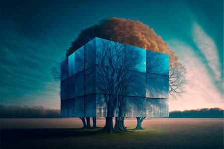 A mighty tree in the fields is shielded by a wall of blue squares. Abstraction. High quality...