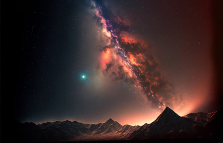 Space sky over the mountains. Milky way and space. High quality illustrationの写真素材