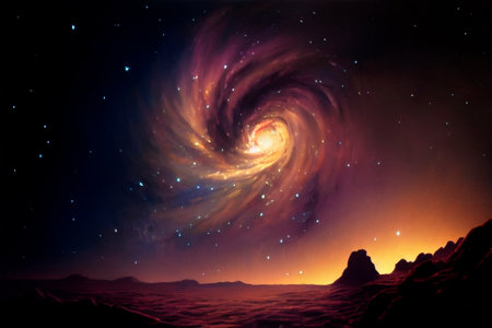 Space sky over the mountains. Milky way and space. High quality illustrationの写真素材