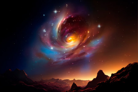 Space sky over the mountains. Milky way and space. High quality illustrationの写真素材