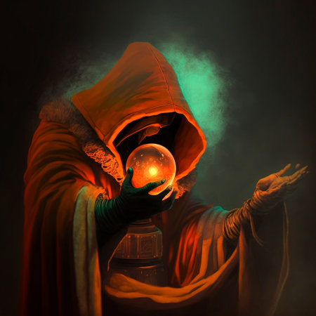Magician in an orange hoodie with a sphere in his hands. High quality illustrationの写真素材