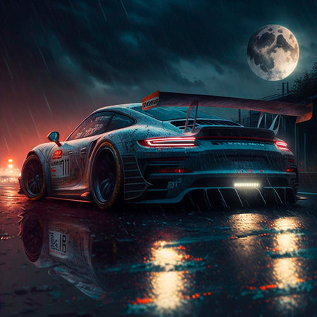 Glowing racing car cuts through the night city in the rain. High quality illustrationの写真素材