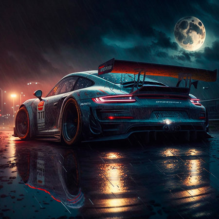 Glowing racing car cuts through the night city in the rain. High quality illustrationの写真素材
