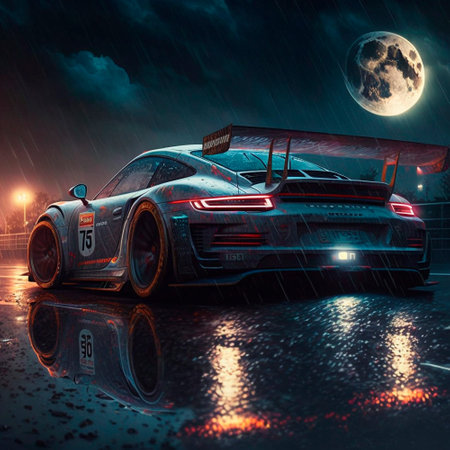 Glowing racing car cuts through the night city in the rain. High quality illustrationの写真素材