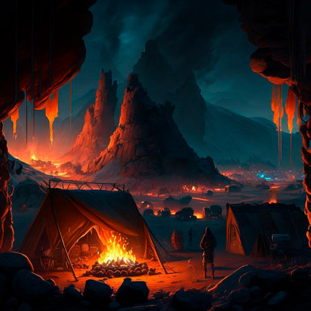 Tent city in the mountains near the volcano. Bonfire in the mountains. Lava world collection. High quality illustrationの写真素材