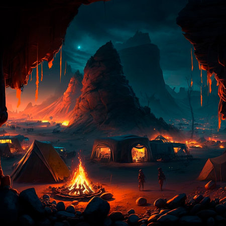 Tent city in the mountains near the volcano. Bonfire in the mountains. Lava world collection. High quality illustrationの写真素材