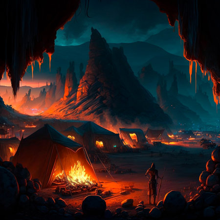 Tent city in the mountains near the volcano. Bonfire in the mountains. Lava world collection. High quality illustrationの写真素材