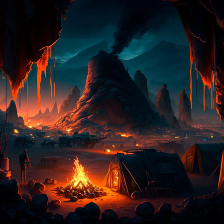 Tent city in the mountains near the volcano. Bonfire in the mountains. Lava world collection. High quality illustrationの写真素材