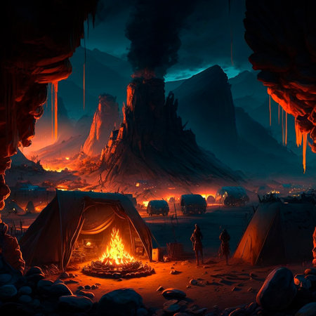 Tent city in the mountains near the volcano. Bonfire in the mountains. Lava world collection. High quality illustrationの写真素材